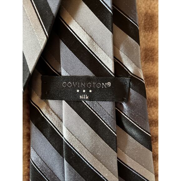 Covington Silk Tie 100% Silk Black Gray Striped Necktie Designer - Picture 4 of 6